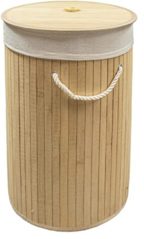 Cesto Ropa Sucia Bambú con Tapa Forma Redondo Plegable 35x35x50cm - Cesta Cubo para Colada con Asa Capacidad 60L