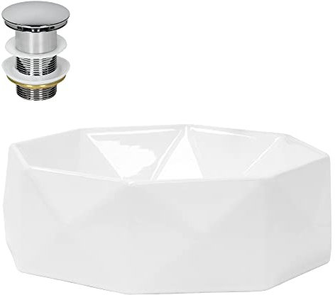 ML-Design Waschbecken Keramik Weiß glänzend Ø42x13,5 cm inkl. Ablaufgarnitur, Diamant Design, Aufsatzwaschbecken ohne Überlauf, Moderne Waschtisch Waschschale Waschplatz Handwaschbecken für Badezimmer