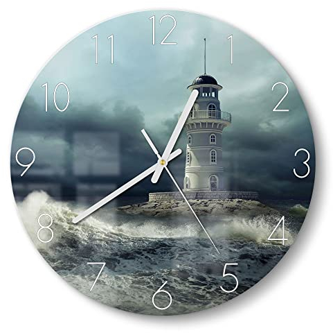 DEQORI Glasuhr | rund Ø 30 cm | Motiv Leuchtturm im Sturm | ausgefallene leise Design Uhr aus Glas | Wanduhr für Wohnzimmer & Küche | Moderne Hingucker Uhr für die Wand