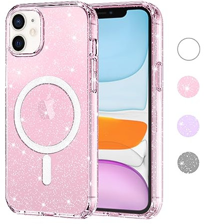 Yoedge Transparente Funda Glitter Magnética para Apple iPhone 11 6,1, Compatible con MagSafe Brillante Rosa Carcasa Antigolpes con Círculo Magnético Incorporado, TPU +PC Cover Case pour iPhone 11