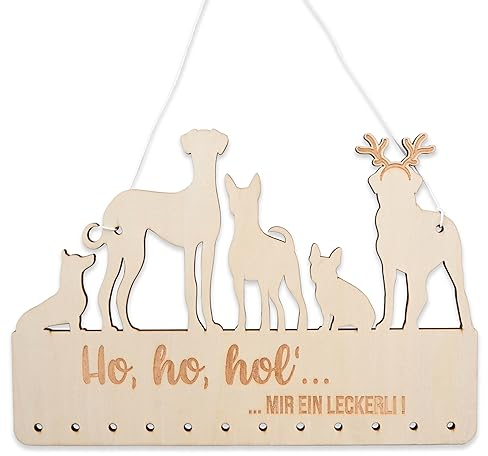 Papierdrachen Aufhängung für Adventskalender Geschenke - aus Holz - in naturfarben und schwarz - Kalender zum Selbstbasteln - kombinierbar mit Stoffsäckchen und Geschenkpapier - Hund - Set 4
