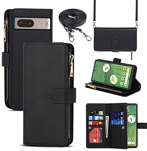 CAVOR Handykette Google Pixel 7 Hülle Mit Band,Flip Leder Geldbörse Handyhülle,[Mit 9 Kartenfach][Reißverschluss],Schutzhülle Klapphülle Handyhülle für Google Pixel 7 - Schwarz