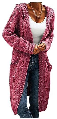 shownicer Cardigan Donna Maglia Inverno Casual Lungo Lana Cardigan con Tasche Sciolto Aperto Anteriore Bottoni Cardigan B Rose Rosso L
