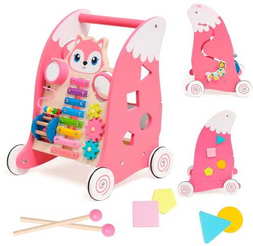 Trotteur Bébé,Bois Chariot De Marche Pour Bébé avec Jouets Montessori,Baby Walker avec Pneus en Caoutchouc,Jouet éducatif pour Enfant de 6 mois(Écureuil)