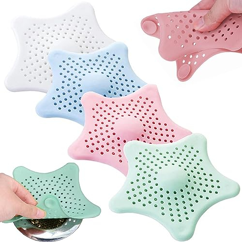 PARENCE.- Set de 4 filtros de Fregadero de Silicona en Forma de Estrella / 4 Piezas, Rejilla de Fregadero de Silicona con ventosas - Cocina, baño, Colores (Verde, Rosa, Azul, Blanco), 14,5 cm