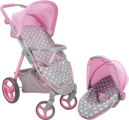 509 Crew: Cotton Candy Pink: Doll Travel System - Pink, Grey, Polka Dot -for Dolls Up to 18, Foldable, Retractable Canopy, Kids Pretend Play, Ages 3+