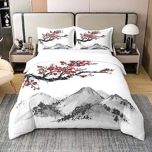 Homewish 100% Coton, Housse de Couette 220x240 Style Japonais, Ensemble de Literie Imprimé de Fleurs de Cerisiers Rouges pour Adultes Femmes Ados, Parure de Lit Peinture À L'Encre du Mont Fuji