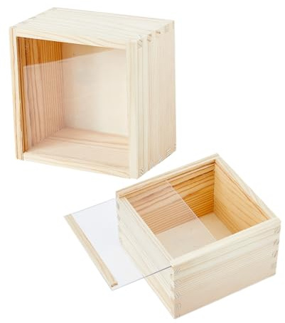 DICOSMETIC 2Pcs Elegant Square Wooden Storage Box with Transparent Sliding Lid, 11.9CM Visible Wood Gift Box for DIY Craft Storage and Decorative Organizer