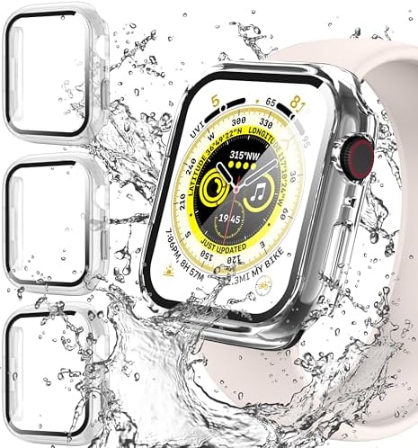 Diruite 3-Pack for Apple Watch Series 9/8/7 45mm Case with Tempered Glass Screen Protector Waterproof,Ultra Thin PC HD Tempered Glass Screen Protector Cover for iWatch 45mm Cases