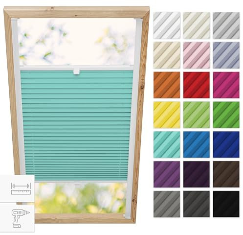 Estika Dachfenster plissee mit Bohren für Velux Fenster - Modell: P10 - Stofffarbe: Türkis - Dachfenster Rollo, Fensterrollo innen, Fenster plissee