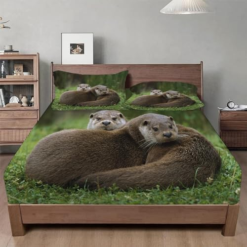 Spanbettlaken 140x200 GrüNes Gras Spannbetttuch Otter Bettlaken Boxspringbett mit Gummizug Spannbettuch Mikrofaser für Matratzen von 30 cm Mit 2 Kissenbezüge 80x80 cm