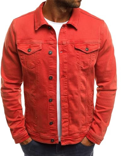 amropi Mens Denim Jacket Button Down Casual Outerwear Jean Jackets Red, L