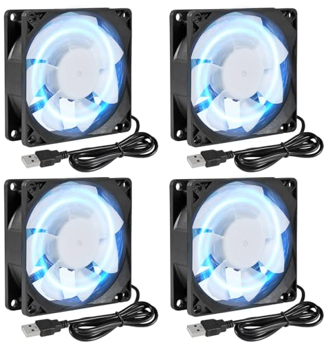 4Pcs 80mm/3.15inch for DC Fan 5V Computer Case Fan 80x80x25mm USB 8025 Blue LED Power Cooling Fan DC Brushless Cooler Fan 8cm for PC Case CPU Brushless Axial Radiator Fan