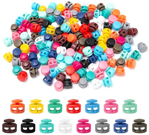 Sxutop 150 Stück Bunte Kordelstopper 2 Loch 5mm Kunststoff Kordelstopper Rund Federschnurschlösser Kordelklemme Doppelloch mit Ende Feder Toggle Stopper für Schnürsenkel, Kleidung, Rucksäcke,15 Farben