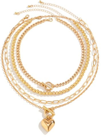 CYWQ 4pcs Layered Gold Necklaces for Women, Chunky Herringbone Paperclip Chain Necklace for Teen Girls, Retro Coin Medallion Pendant (Gold)