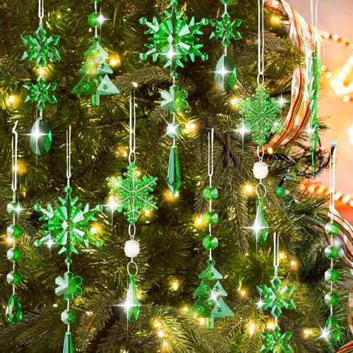 Lanpn 26 Piezas Decoración Navideña Adornos del Árbol de Navidad de Cristal,Colgante Acrílico de Copo de Nieve de Carámbanos para Navidad Invierno Exterior Interior Fiesta Decoración Verde