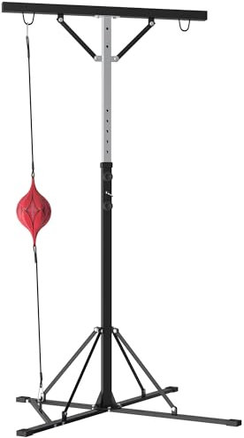 SPORTNOW Supporto Sacco Boxe ad Altezza Regolabile con 6 Barre di Rinforzo e Palla Veloce, Stazione da Sacco, Staffa per Sacco da Boxe da Terra in Acciaio, 160x145x175-220 cm, Nero