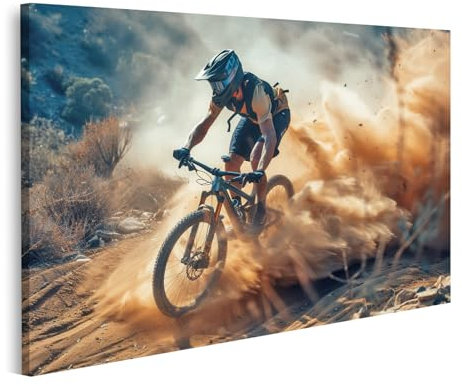 islandburner Bild auf Leinwand Profi Radfahrer navigiert auf Enduro Mountainbike über staubigen Pfad und wirbelt Staub auf Bilder Wandbilder Poster