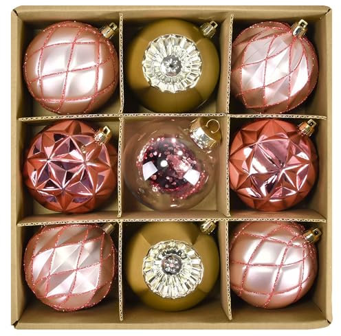Beinhome Weihnachtskugeln 9 TLG. 8cm Plastik Christbaumkugeln Set Christbaumschmuck für Weihnachtsbaum Dekoration Weihnachtsdeko Hausdeko Elegant Thema Rosa Gold