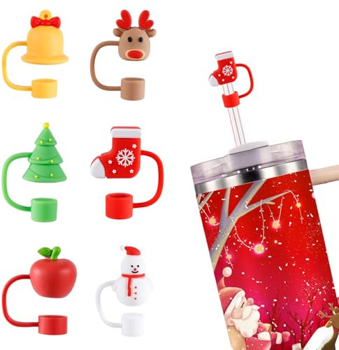6pcs Christmas Straw Lids, Compatible with Stanley 30&40oz Cup 10mm Silicone Straw Cover Cap Christmas Theme Cute Straw Toppers for Christmas Santa Party