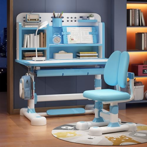 Kinder Tisch Stuhl Set, Höhenverstellbare Kinder Schule Studie Tisch Stuhl Set mit sitzenden Korrektor, Ergonomischer Schreibtisch Stuhl mit Buch Stand, Fuß Pedal, kinderschreibtisch (Neu Blau)