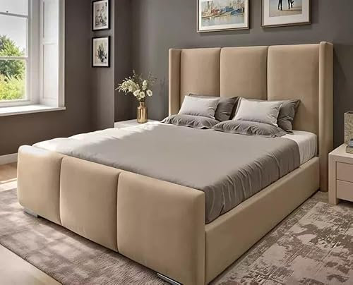 4FT6 Double Ottoman Storage Solid Divan Base Bed Frame Wing Panel Headboard Upholstered In Beige Plush Velvet Bed Frame End Lift - No Mattress (Beige, 4FT6 Double Frame With Gas Lift Storage)