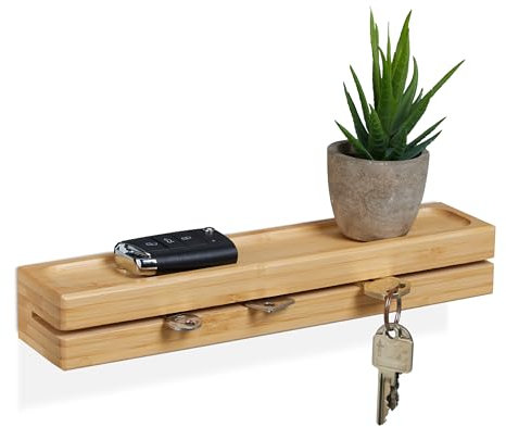 Relaxdays Schlüsselbrett, Schlüsselhalter mit Ablage, Bambus, Breite: 29,5 cm, Schlüsselaufbewahrung Wandmontage, Natur
