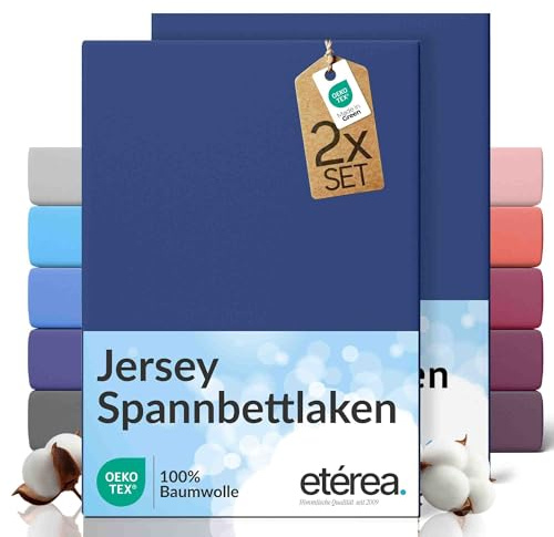 etérea Jersey 2er Set Spannbettlaken 200x220cm Marine bis 25 cm Höhe - 100% Baumwolle Spannbetttuch Oekotex - Bed Sheets mit Rundumgummi - Doppelpack Bettlaken 200x220 cm - Blau