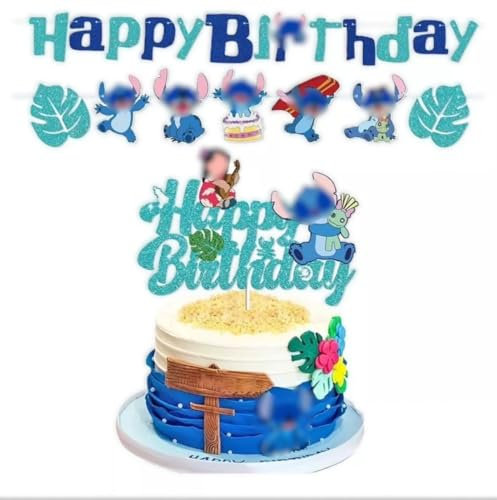 Tropical Blue Birthday Banner & Cake Topper Set – Glitter Happy Birthday Garland with Cute Cartoon Characters for Kids Party Decorations – Boys & Girls Birthday Supplies