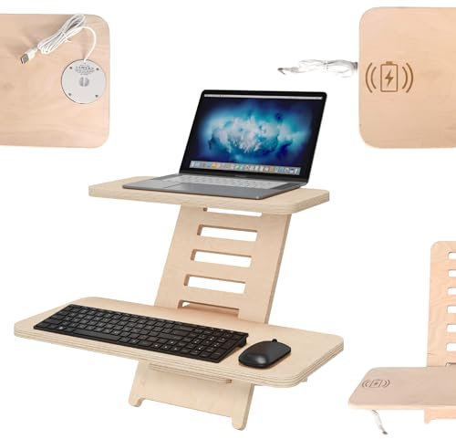 CAWI Stehschreibtisch Aufsatz mit Induktionsladegerät | Stehpulte | Holz | Laptopständer mit Wireless Charging | Höhenverstellbar | Made in EU (Natürlich)
