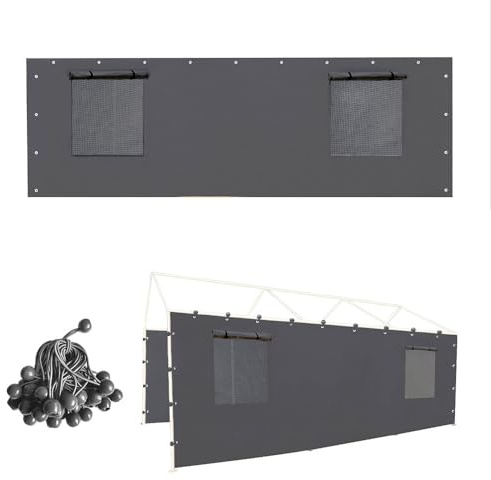 Vanteriam Carport Ersatzplane, Seitenwandpaneel mit Netzfenstern und elastischen Kugelspannern, für 3 x 6 m oder 3,6 x 6,8 m Garage, Partyzelt, Unterstand – Grau, nur eine Seitenwandplatte