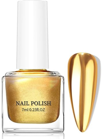 Gold Spiegel Nagellack - 7ML Metall Nail Polish, Spiegelnagellack Effekt Schnelltrocknend Chrom-Nagellack Rizinusöl Regulärer Fingernagellack Bruchsicherer Kein UV Nötig für Geschenk Maniküre (Gold)