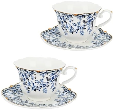 TMZDCJK Elegant Afternoon Tea Set, Ceramic Coffee Mugs and Espresso Cups with Saucers, Set of 2 Blue and White Porcelain China Mugs, Vintage Gilded Design