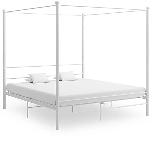 GeenYuu Himmelbett Weiß Metall 200x200 cm, Elegantes Bettgestell für Schlafzimmer, Robustes Plattformbett mit Lattenrost, Langlebige Schlafzimmermöbel