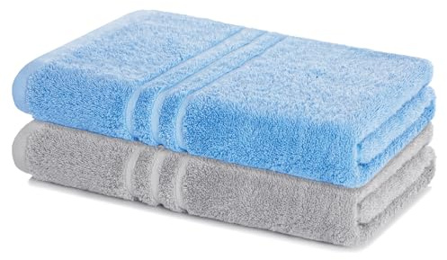 Lavea® 2er Badetuch 100x150 cm - Delphinblau & Silber | 100% Baumwolle, Großes Duschtuch, saugstark, weich und hautfreundlich, Frottierserie Elena, waschbar und strapazierfähig