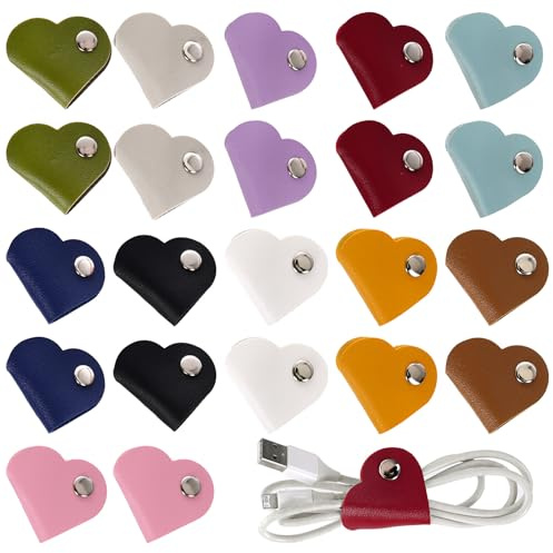 22PCS Wire Cable Organiser Tidy Reusable Heart Shape PU Leather Cord Straps for Earphone Charger USB Storage 11 Colors