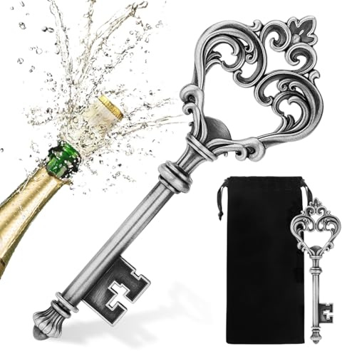 Bière Décapsuleur, Décapsuleur Clé en Forme de Cœur, avec Sac Cadeau, Cadeau pour Hommes, Femmes, Compagnon, Amateurs de Bière, Ouvre-bouteille Cadeaux de Anniversaire, Fête des Pères, Argent Foncé