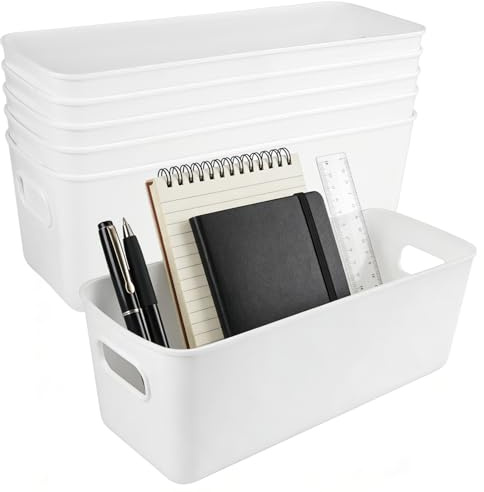 6 Stück Aufbewahrungsboxe aus Kunststoff mit Griffen, 26.5x10x10 cm Boxen Aufbewahrung Klein, Plastik Aufbewahrungsbox Ohne Deckel, Weiß Organizer Boxen für Küche, Badezimmer, Büro, Kinderzimmer