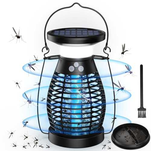 Solar Lampara Antimosquitos, 3 IN 1 UV Mata Mosquitos Electrico, 4200V USB Recargable Lampara Mosquitos IP66 Impermeable Trampa Moscas para Oficina Dormitorio Cocina Jardín Camping