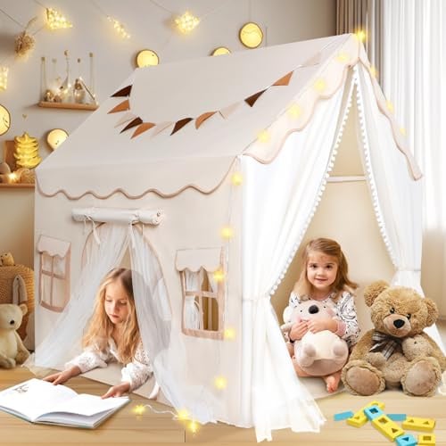 JONRRYIN 2 IN 1 Kinderzelt Indoor, Spielzelt Kinder Indoor mit Lichtern, Zelt Kinderzimmer für Drinnen, Kinderspielhaus, Zelt Kinderzimmer Kuschelecke Kinderzimmer ab 3 Jahre
