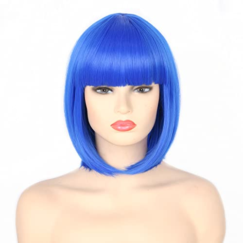 Topcosplay Kurz Blau Bob Perücke Damen und Mädchen Perücke mit Pony Halloween Karneval Perücke