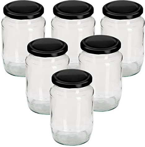 Pack of 6 x 2lb / 720ml Round Glass Jam Jars with Black Twist Off Lids - (Choice of Lid Colours)