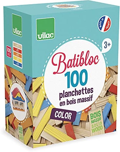 VILAC - jouet en bois -Jeux de construction - Boîte de 100 planchettes en bois massif colorés BATIBLOC COLOR - 2125 - A partir de 36 mois
