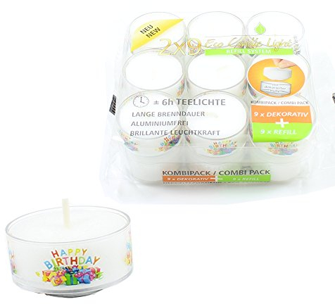 Candelo 18er Set Eco Refill Kerzen Ambiente – 9x Happy Birthday Teelichter mit Hülle + 9x Wachsrohlinge zum Nachfüllen – Geburtstagskerze Teelicht ohne Duft