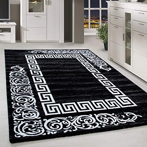 HomebyHome Teppich Wohnzimmer 200x290 cm Schwarz und Weiss Greek Bordüre Design - Schlafzimmer Teppich Kurzflor Extra Weich Pflegeleicht Teppiche Waschbar Küche Esszimmer - Carpet Living Room