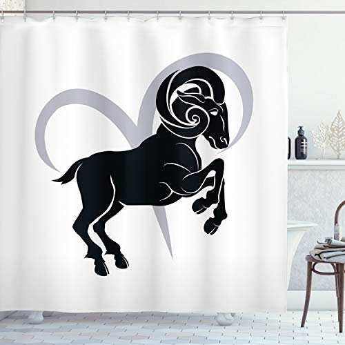 ABAKUHAUS Sternzeichen Widder Duschvorhang, Ram Silhouette, Stoffliches Gewebe Badezimmerdekorationsset mit Haken, 175 x 220 cm, Pale Grau Weiß