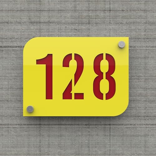 DECOHO - Plaque numéro de rue personnalisable jaune effet givré - Plaque maison PMMA acrylique durable - Design moderne - 20x15 cm épaiss - Rouge