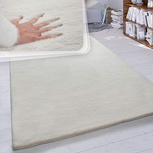 Paco Home Hochflor Teppich Wohnzimmer Schlafzimmer Shaggy Modern Flauschiger Fellteppich Weich Fell Imitat Kunstfell Einfarbig, Grösse:80x150 cm, Farbe:Creme