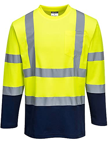 Portwest S280 Zweifarbiges Langärmeliges Baumwoll-T-Shirt Langarm Baumwolle | Gelb/Marine, M, UPF 40+, EN ISO 20471 Klasse 2, Verschweißte Kragennaht, Grosszügige Passform, Kontrasteinsätze zum Schutz