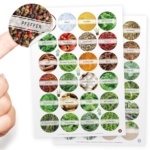 44x Gewürzetiketten/Gewürzaufkleber (4cm/40mm) - Runde Etiketten selbstklebende, leicht abziehbar und abwischbare Sticker: Für Gläser oder Dosen +4 Blanco-Aufkleber zum selbst beschriften
